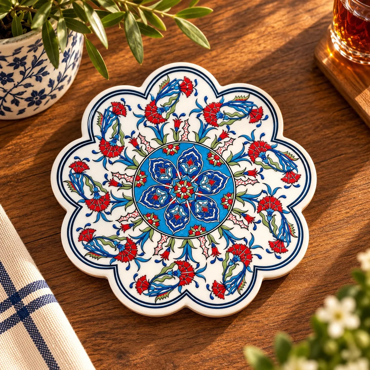 Apoya fuente blanco con ramilletes de claveles rojos y azules y medallón central azul turquesa