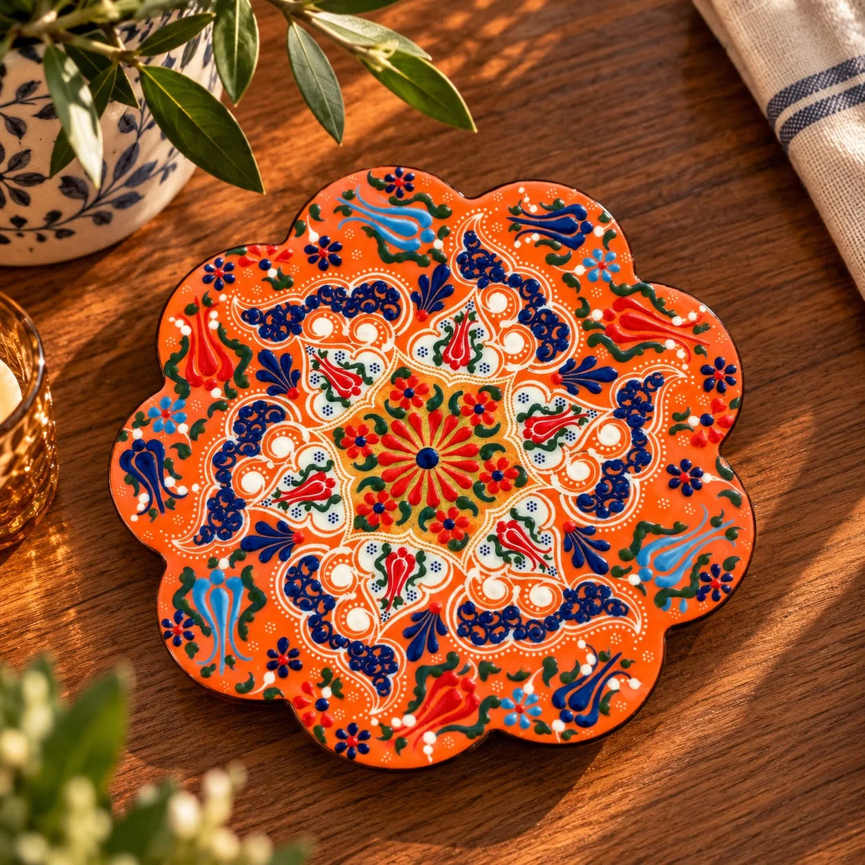 Apoya fuente naranja intenso con rosetón central rojo y amarillo y paisley azul marino