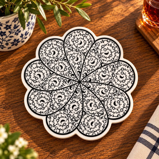 Apoya fuente blanco y negro con pétalos en espiral y enredadera floral minuciosa