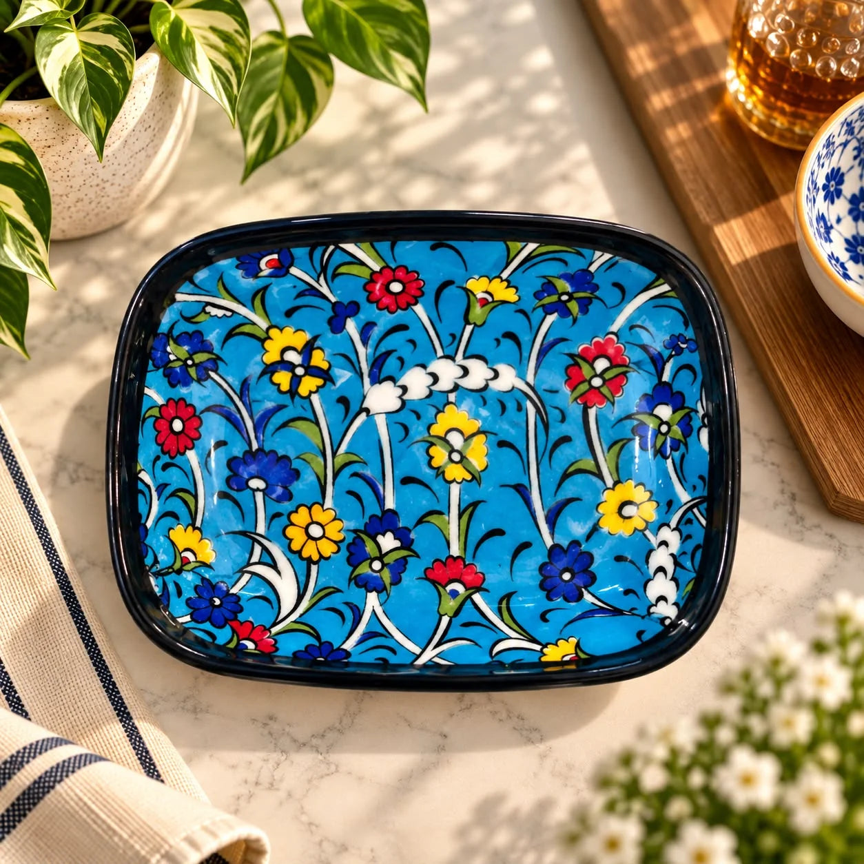 Plato rectangular de cerámica con borde negro y flores multicolor sobre fondo turquesa