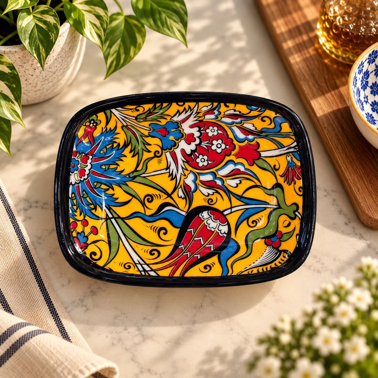 Bandeja con motivo floral otomano rojo, blanco y azul sobre fondo amarillo mostaza y borde negro