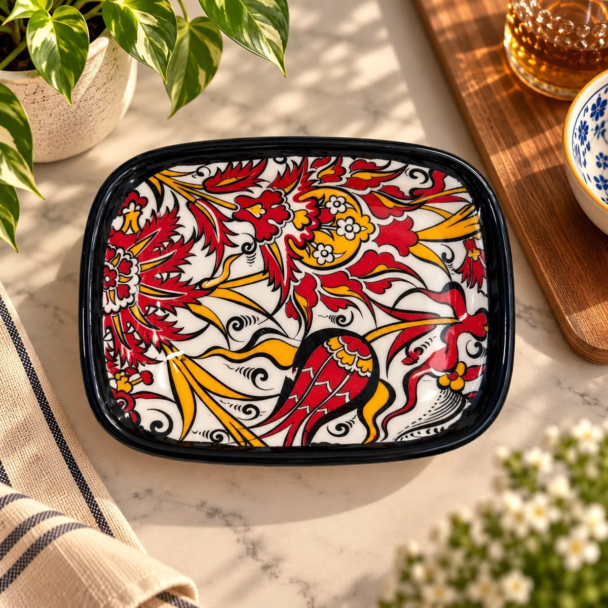 Bandeja blanca con motivo floral otomano en rojo y dorado, contorno negro y borde azul marino