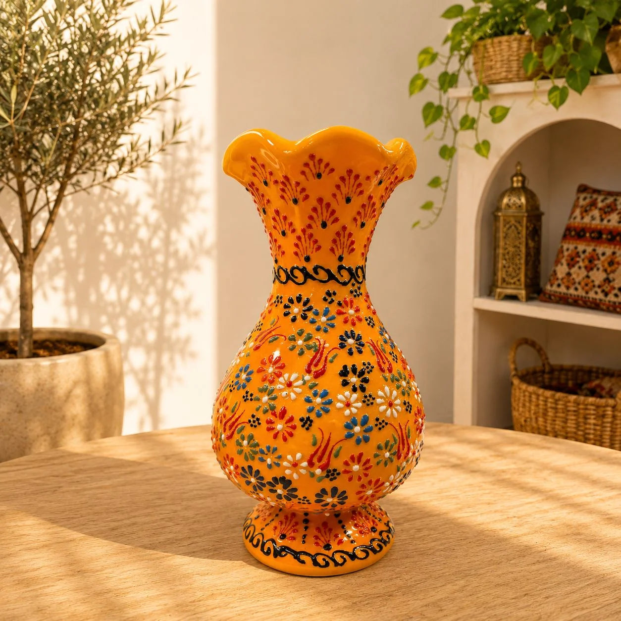 Florero de cerámica naranja de 25 cm sobre fondo neutro