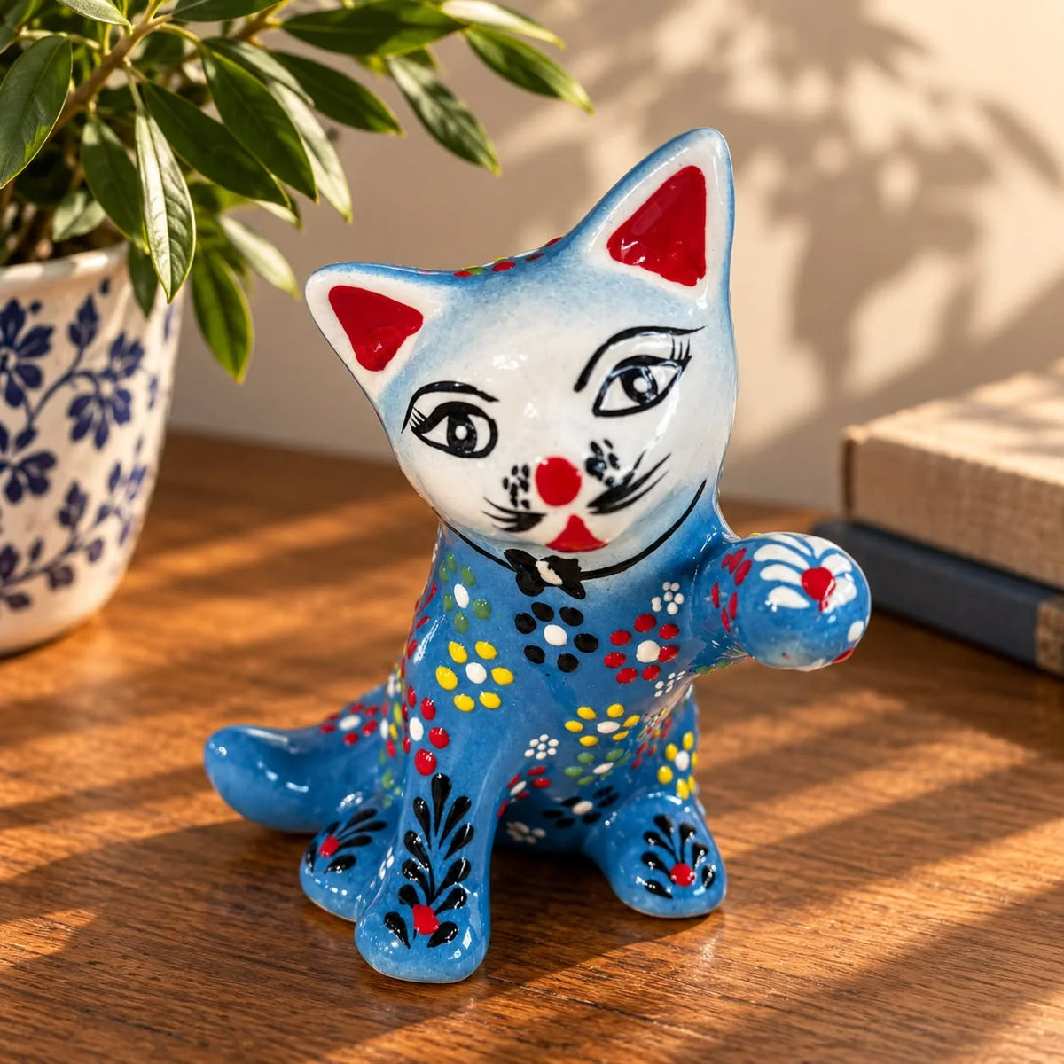 Figura de gato de cerámica sentado, celeste con flores multicolor y una pata alzada