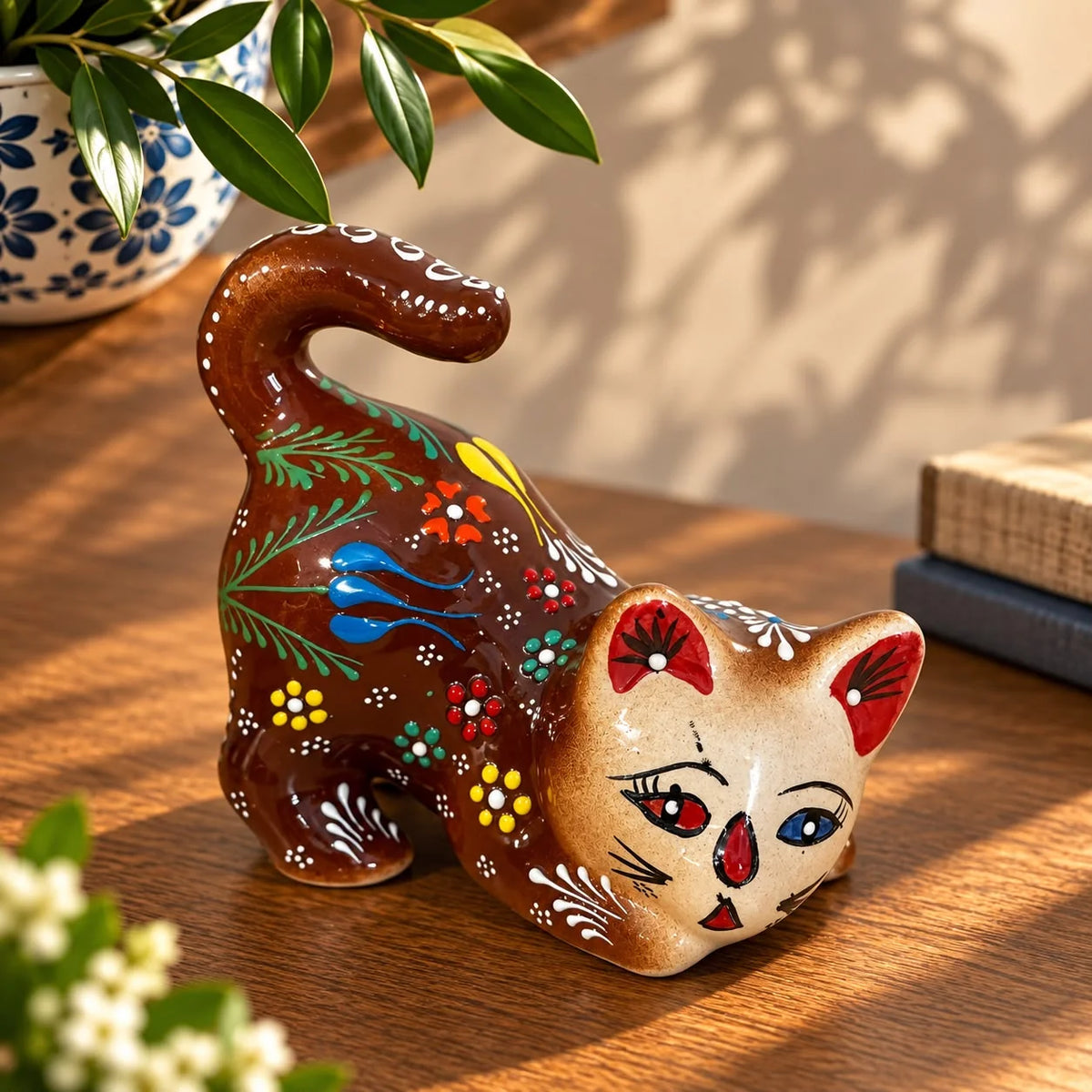 Figura de gato de cerámica en pose de estiramiento, marrón con flores multicolor pintadas
