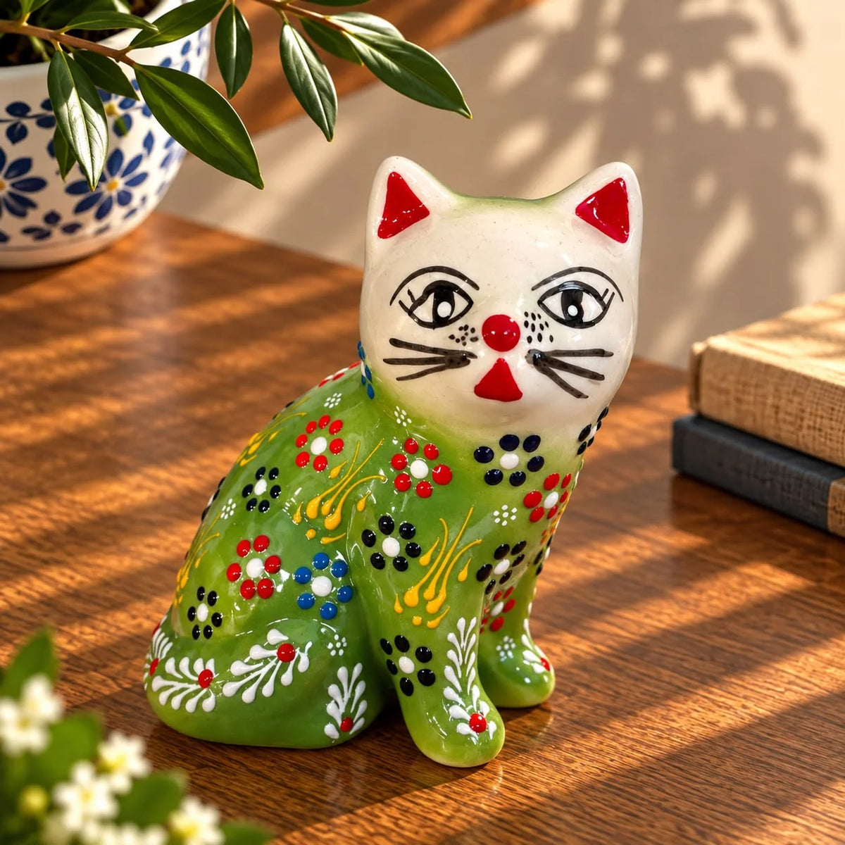 Figura de gato de cerámica sentado, verde con flores multicolor y trazos amarillos pintados