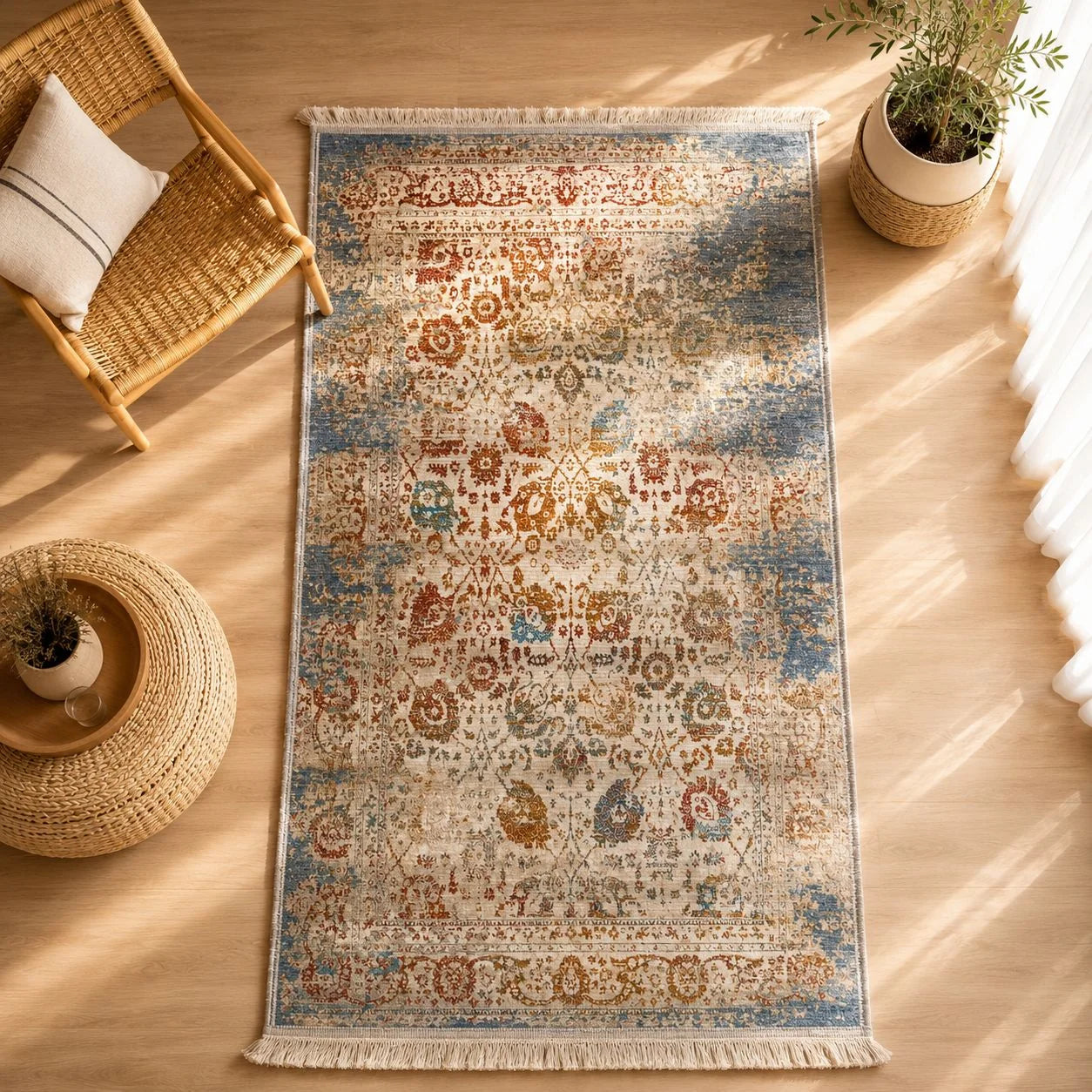 alfombra Aquaclean con diseño floral persa en terracota, dorado y azul