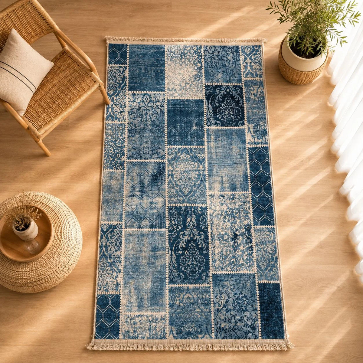 alfombra Aquaclean con diseño patchwork azul