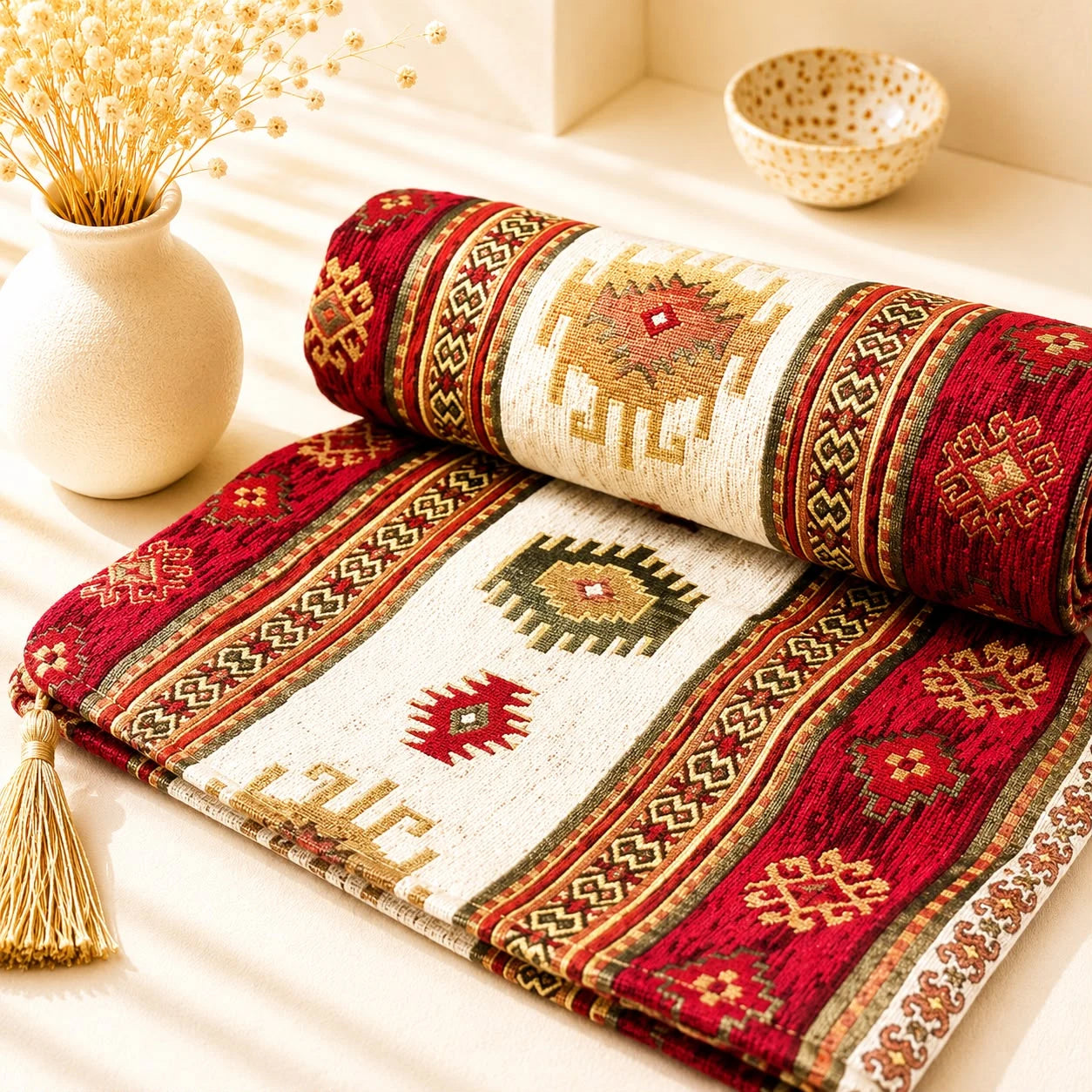 Mantón Bursa rojo; Mantón Bursa rojo con motivos textiles visibles y terminación decorativa