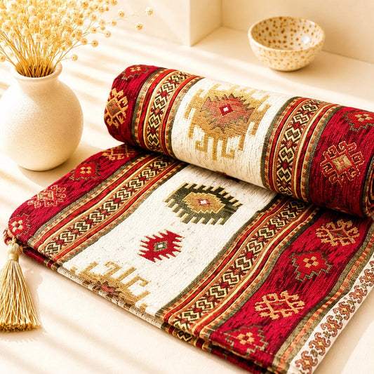 Mantón Bursa rojo; Mantón Bursa rojo con motivos textiles visibles y terminación decorativa