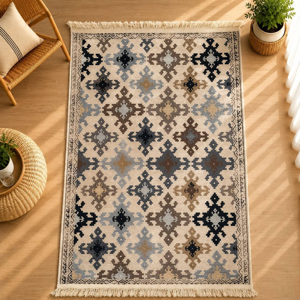 alfombra Boho con mosaico de rombos beige, azul marino y marrón