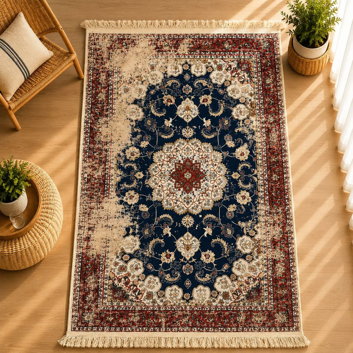 alfombra Boho con medallón floral persa en azul marino con borde rojo