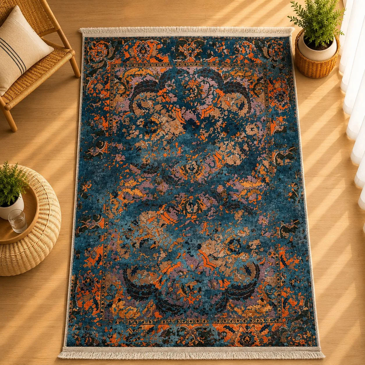 alfombra Boho con medallón abstracto pincelado en turquesa, naranja y lila