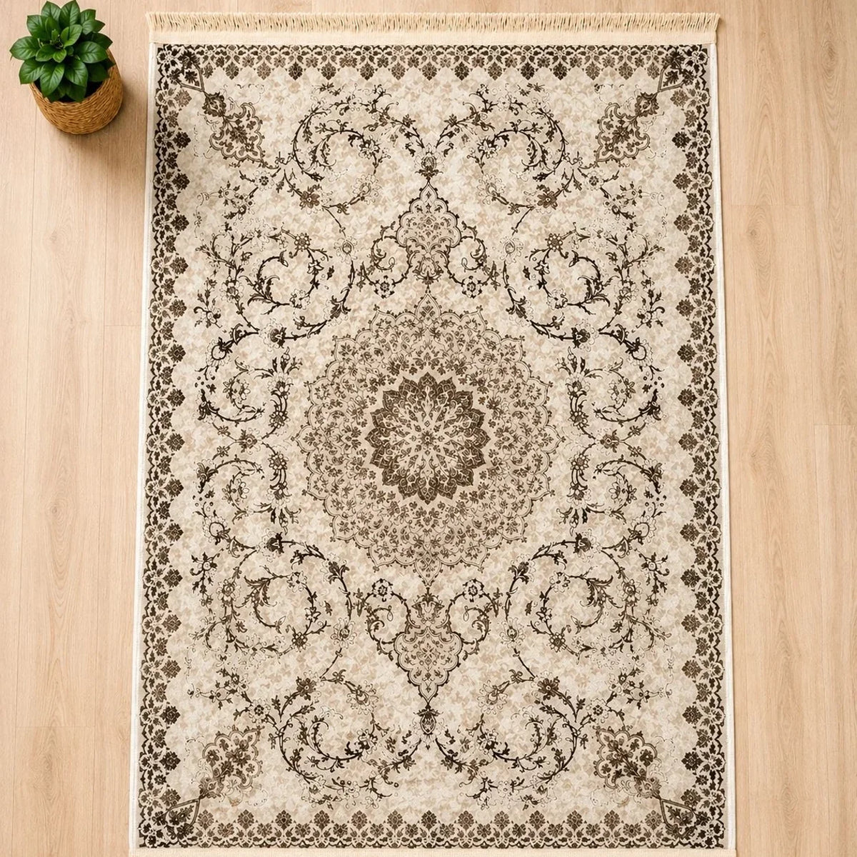 alfombra Boho con medallón floral persa clásico en beige y marrón