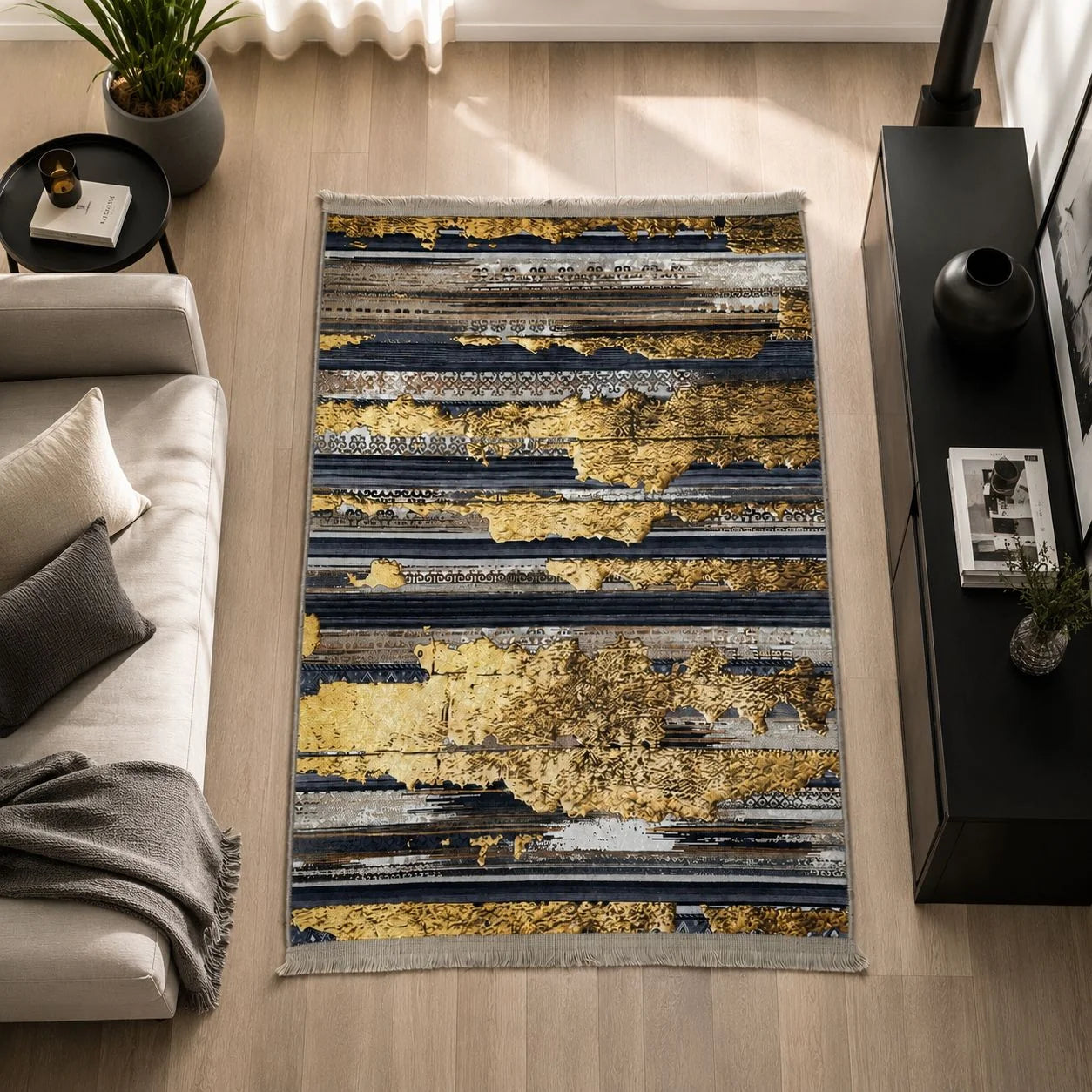 alfombra Boho con rayas abstractas en azul marino con pinceladas doradas