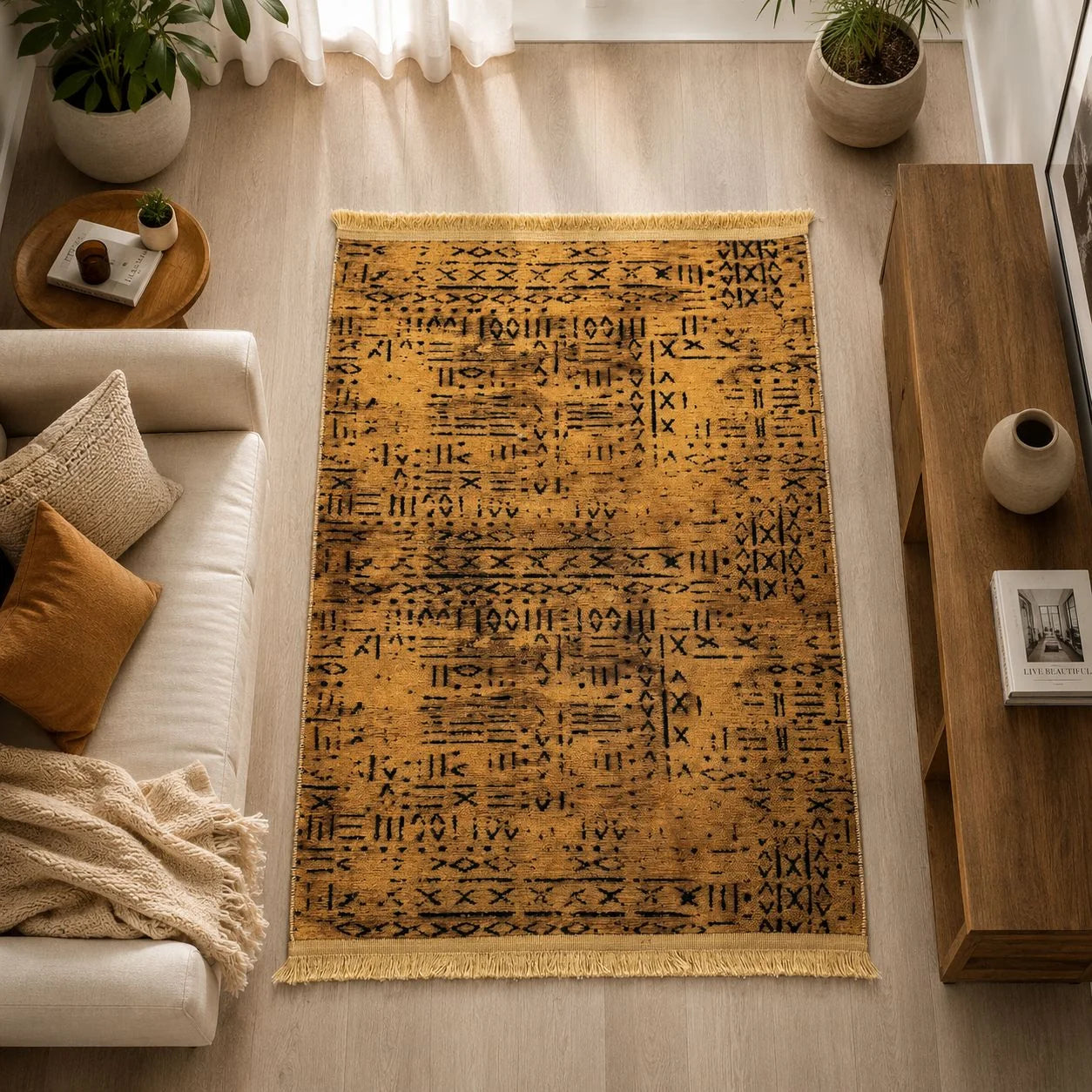 alfombra Boho con motivos tribales geométricos en negro sobre mostaza
