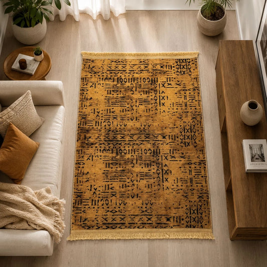 alfombra Boho con motivos tribales geométricos en negro sobre mostaza
