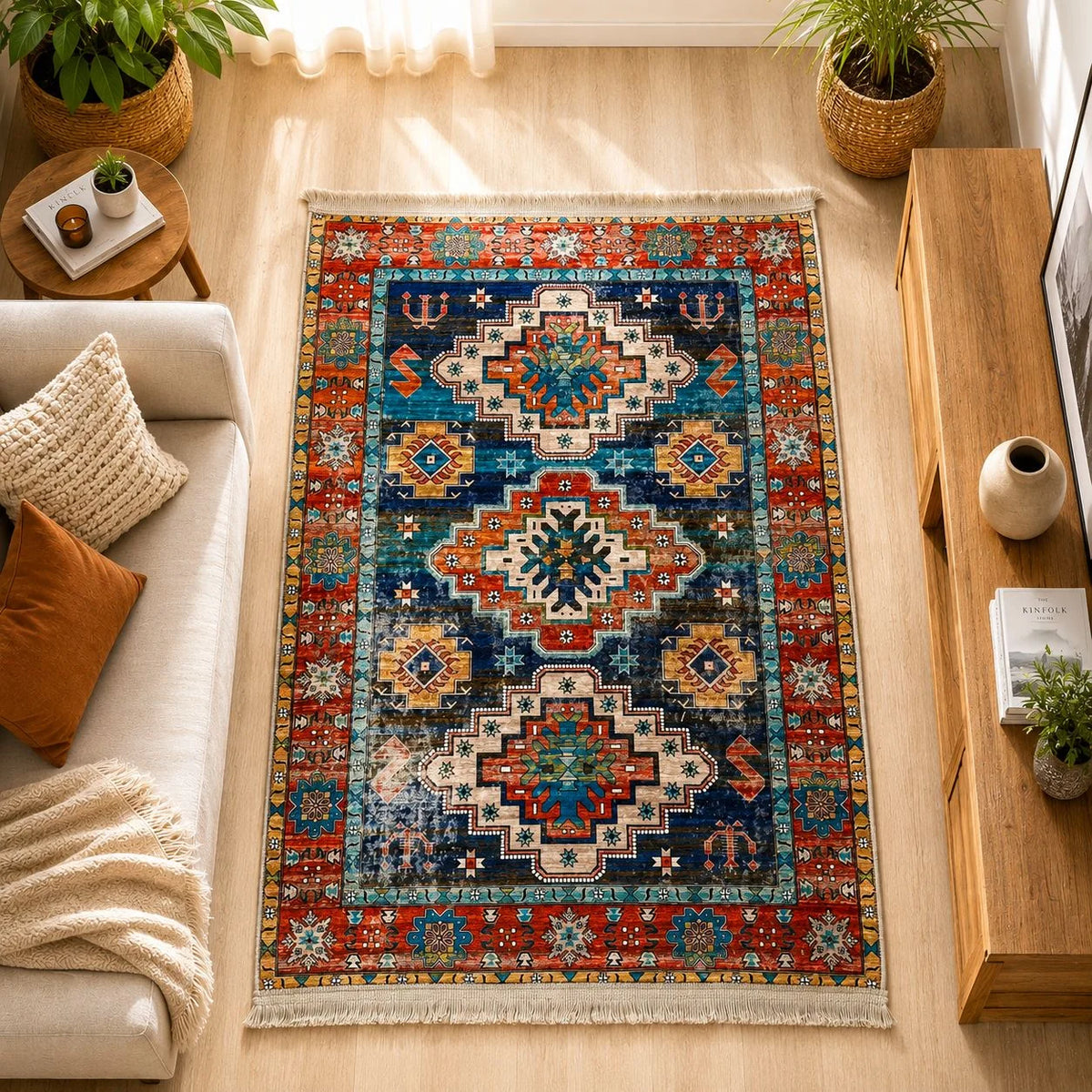 alfombra Boho con medallones geométricos estilo kazak en rojo, azul, turquesa y dorado