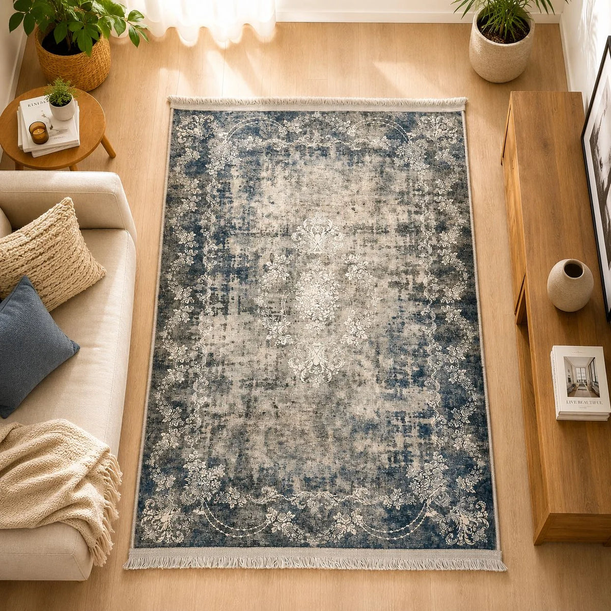 alfombra Boho con damasco floral vintage en azul, gris y crema