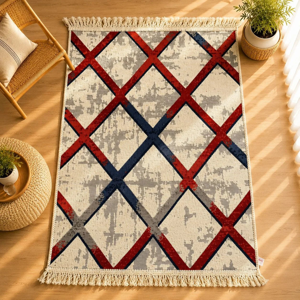 alfombra Boho con rombos entrecruzados en rojo y azul marino sobre fondo crema envejecido