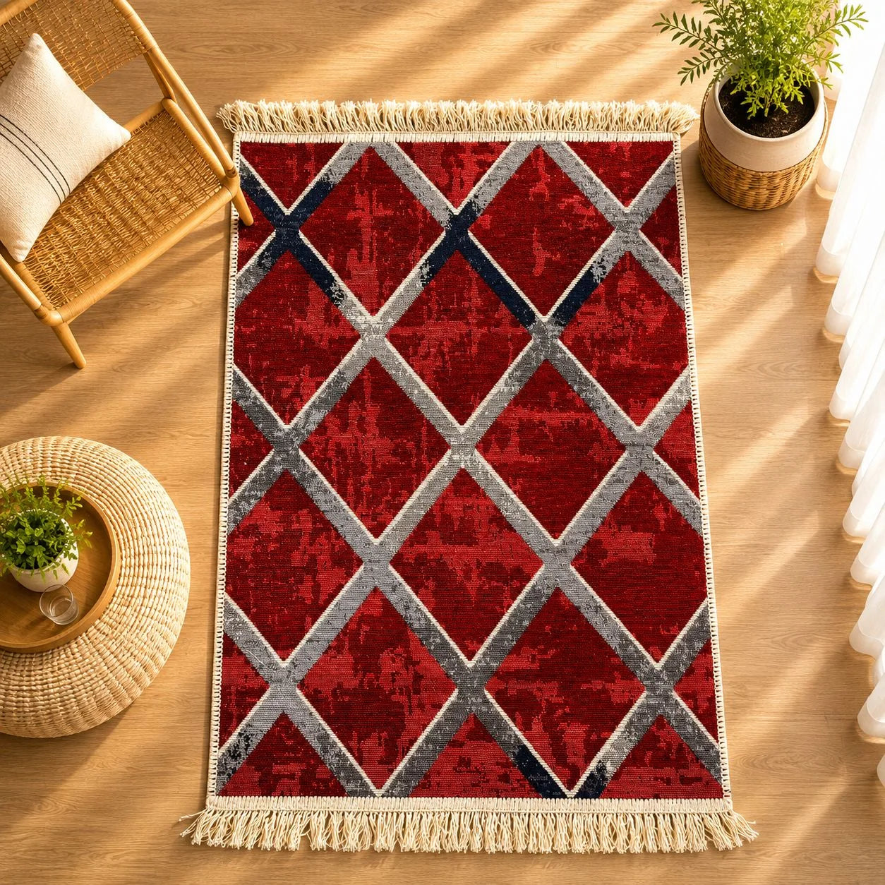 alfombra Boho con medallones kilim en rojo, celeste y crema con borde geométrico