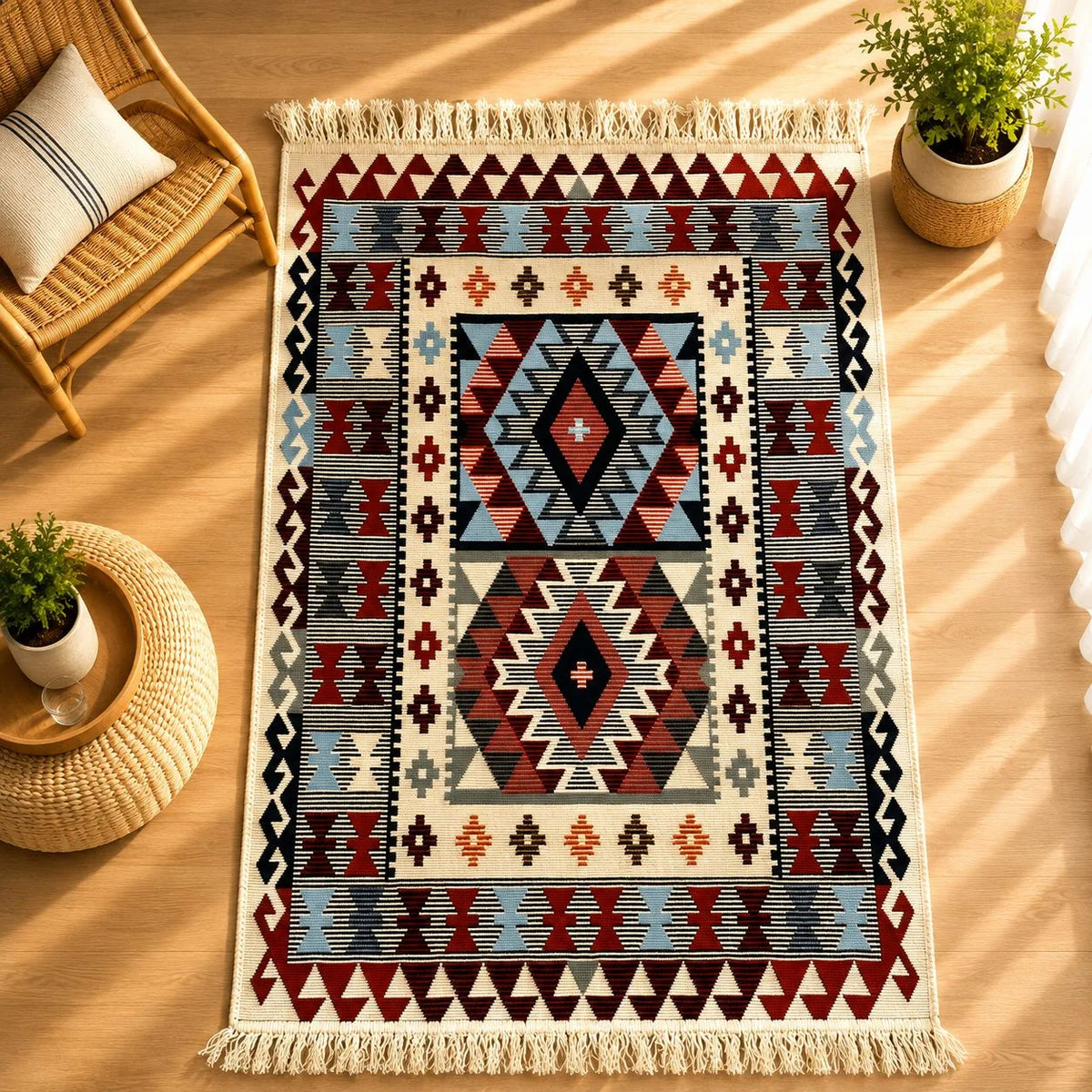 alfombra Boho con rombos concéntricos estilo azteca en beige, rojo y azul marino