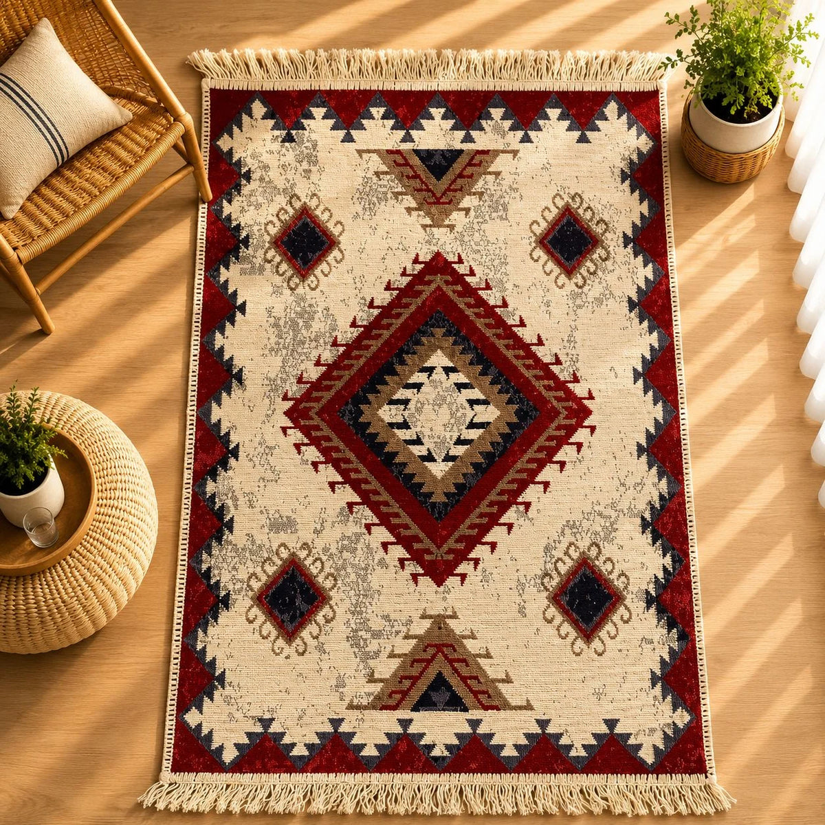 alfombra Boho con motivos tribales geométricos en negro sobre dorado, con borde