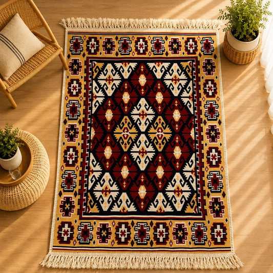 alfombra Boho con rombos y triángulos kilim en tonos mostaza, rojo y crema