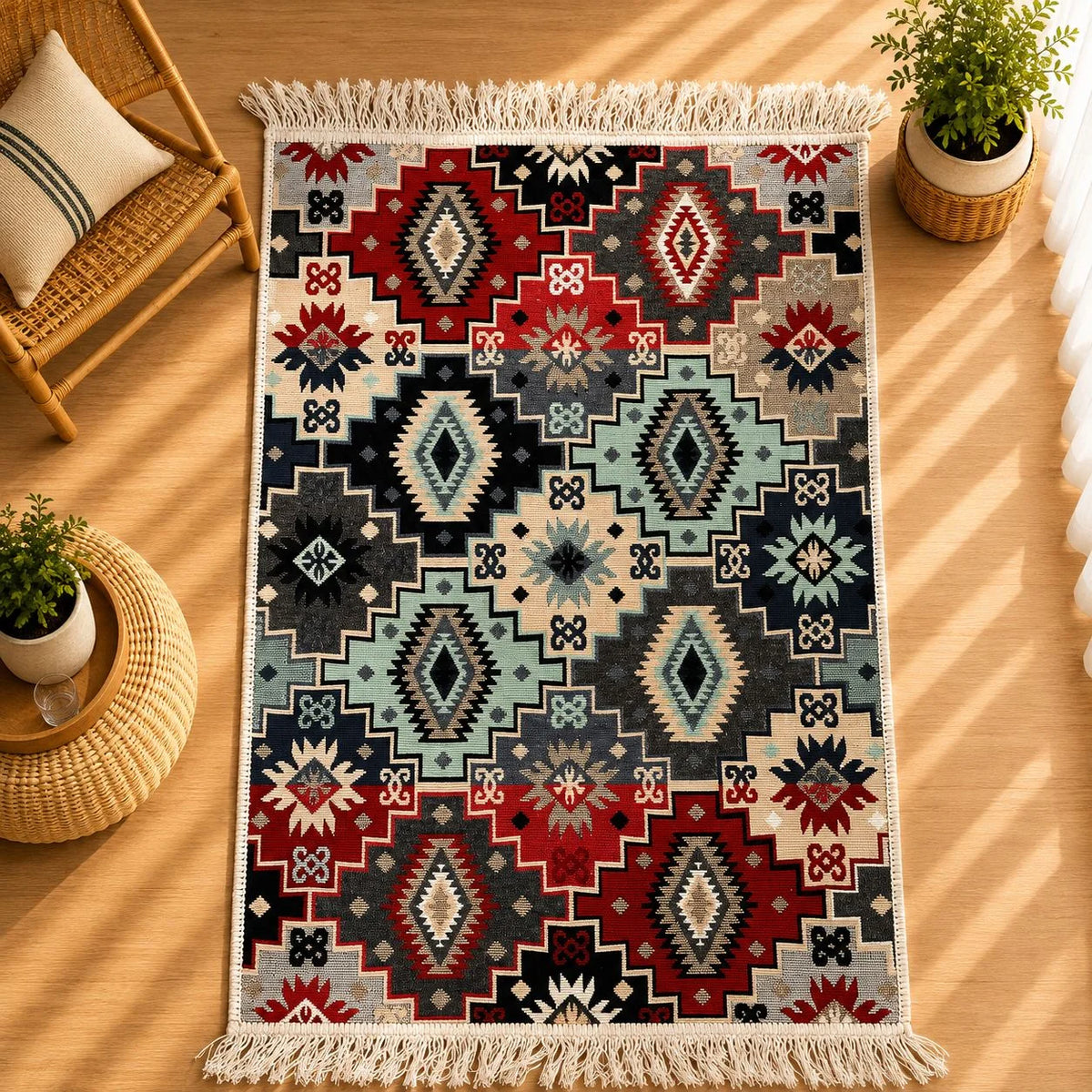 alfombra Boho con patchwork de medallones kilim en turquesa, rojo y azul marino