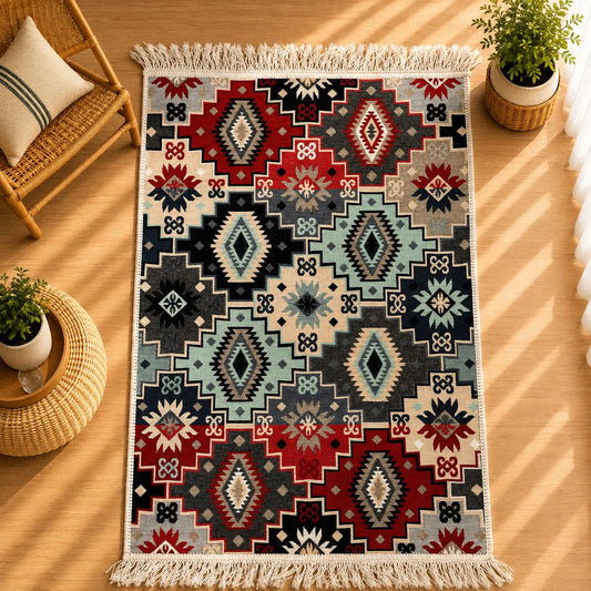 alfombra Boho con patchwork de medallones kilim en turquesa, rojo y azul marino