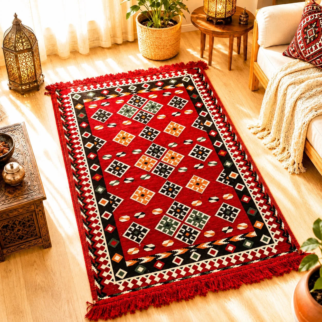 alfombra Ankara kilim con mosaico geométrico rojo, negro y verde