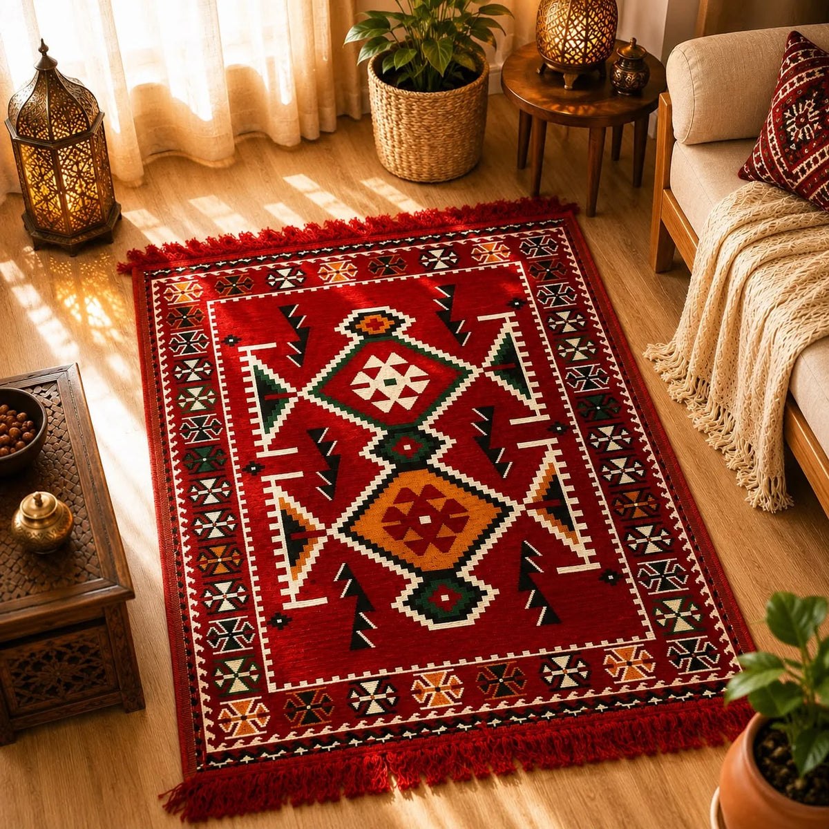 alfombra Ankara kilim con medallón central rojo, verde y dorado