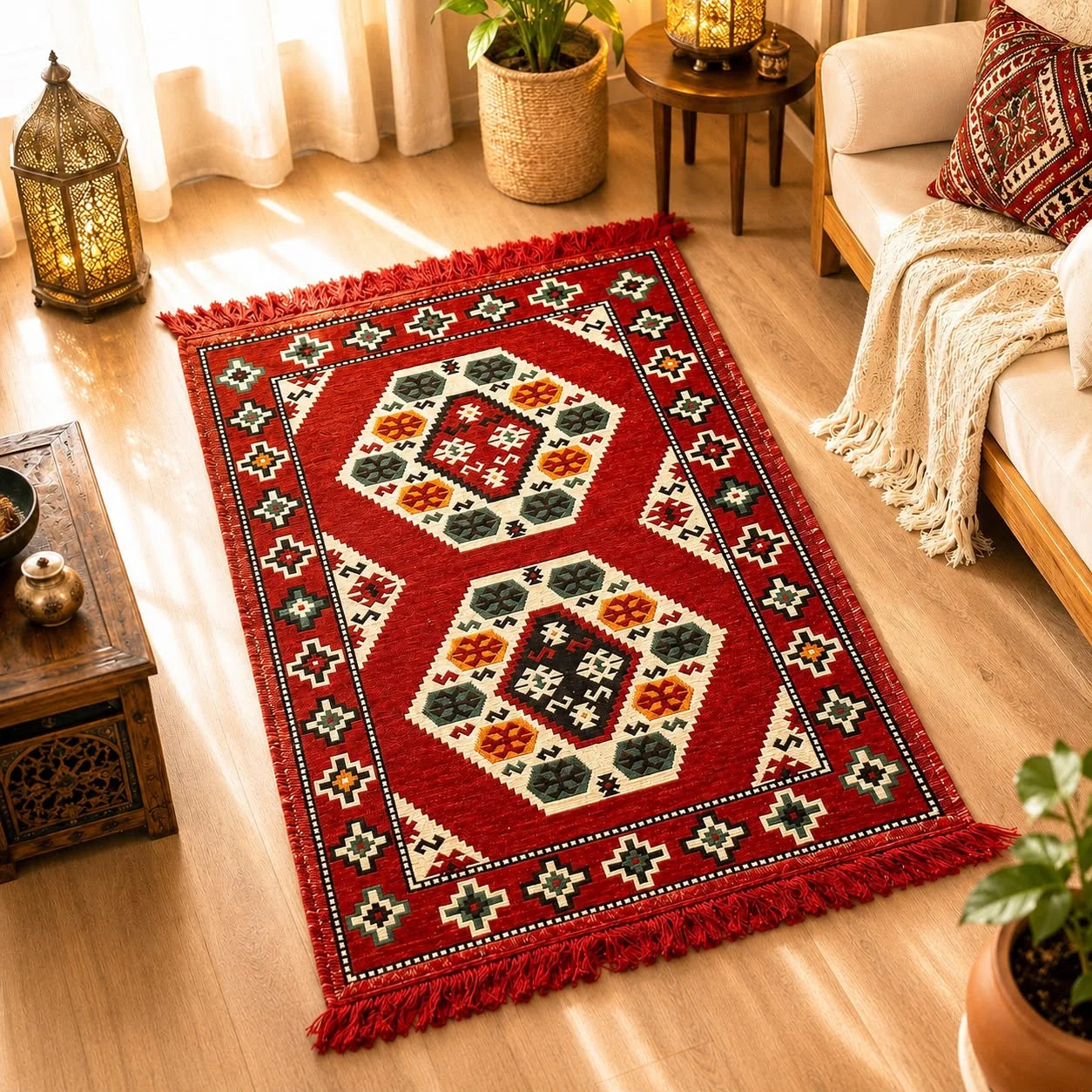 alfombra Ankara kilim con medallones hexagonales rojo, dorado y crema
