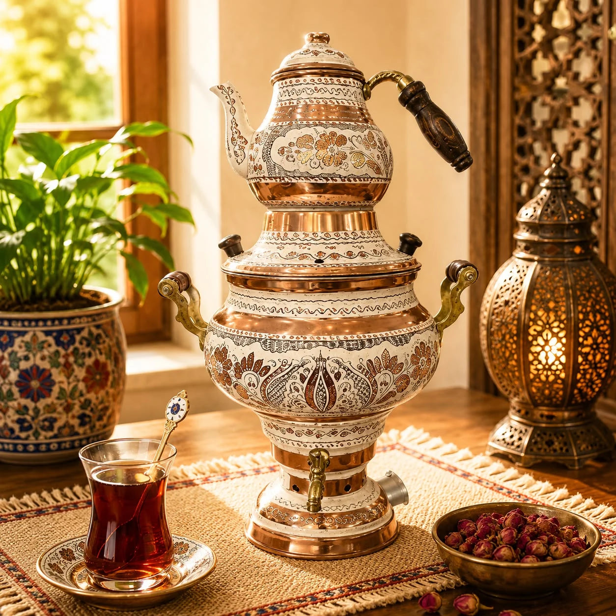 Samovar Labrado Blanco; Samovar Labrado Blanco con terminación decorativa visible para preparar o servir infusiones