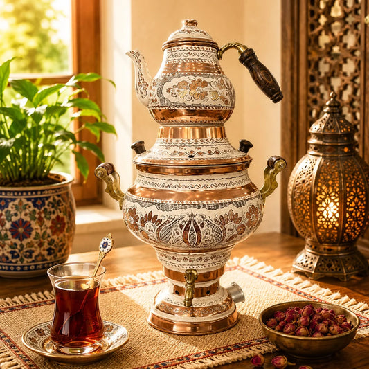 Samovar Labrado Blanco; Samovar Labrado Blanco con terminación decorativa visible para preparar o servir infusiones