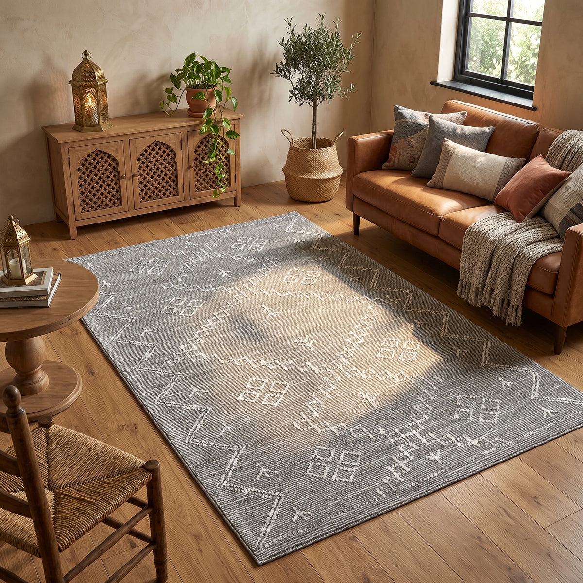 Alfombra de terciopelo con zigzag bereber en blanco sobre fondo gris, en un living cálido con sofá de cuero coñac, aparador de madera tallada y luz de tarde