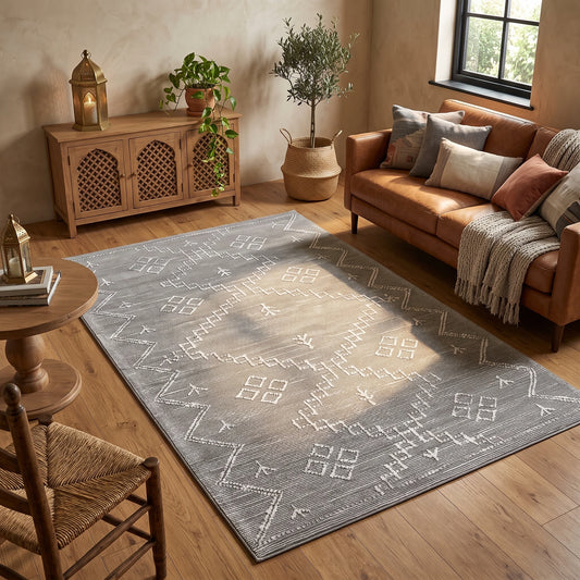 Alfombra de terciopelo con zigzag bereber en blanco sobre fondo gris, en un living cálido con sofá de cuero coñac, aparador de madera tallada y luz de tarde