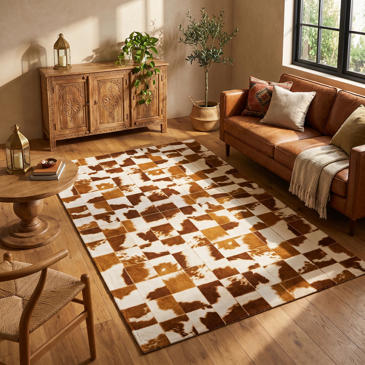 Alfombra de terciopelo con patchwork efecto cuero en caramelo y blanco, en un living cálido con sofá de cuero coñac, aparador de madera tallada y luz de tarde