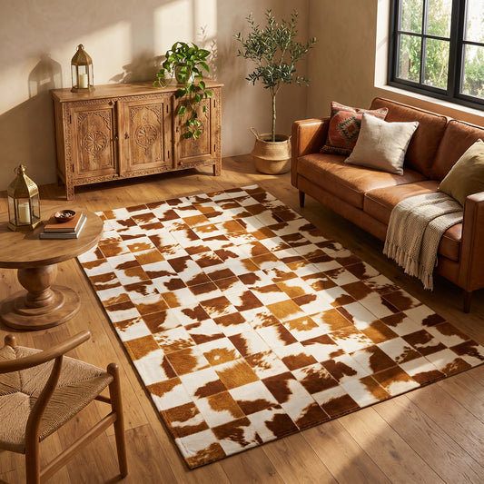 Alfombra de terciopelo con patchwork efecto cuero en caramelo y blanco, en un living cálido con sofá de cuero coñac, aparador de madera tallada y luz de tarde
