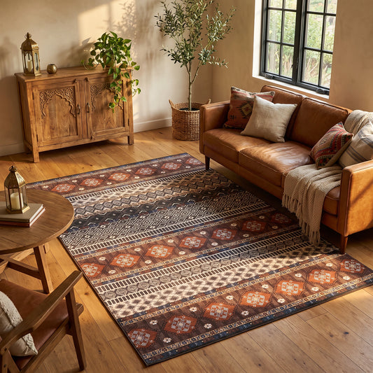 Alfombra de terciopelo con franjas con motivos geométricos en cacao, gris y crema, en un living cálido con sofá de cuero coñac, aparador de madera tallada y luz de tarde