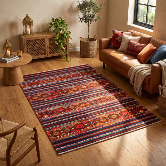 Alfombra de terciopelo con franjas kilim en cobre, rojo y azul marino, en un living cálido con sofá de cuero coñac, aparador de madera tallada y luz de tarde