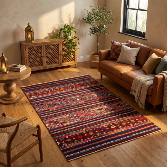 Alfombra de terciopelo con franjas kilim en rojo, azul marino, celeste y crema, en un living cálido con sofá de cuero coñac, aparador de madera tallada y luz de tarde