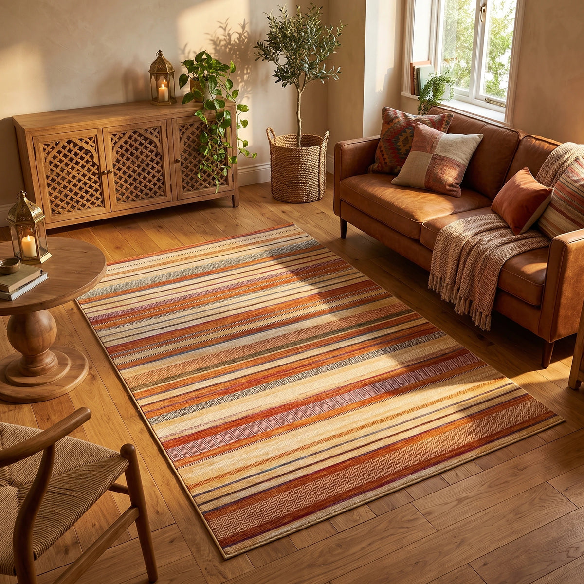 Alfombra de terciopelo con franjas finas en tonos pastel: rosa, arena, celeste y amarillo, en un living cálido con sofá de cuero coñac, aparador de madera tallada y luz de tarde