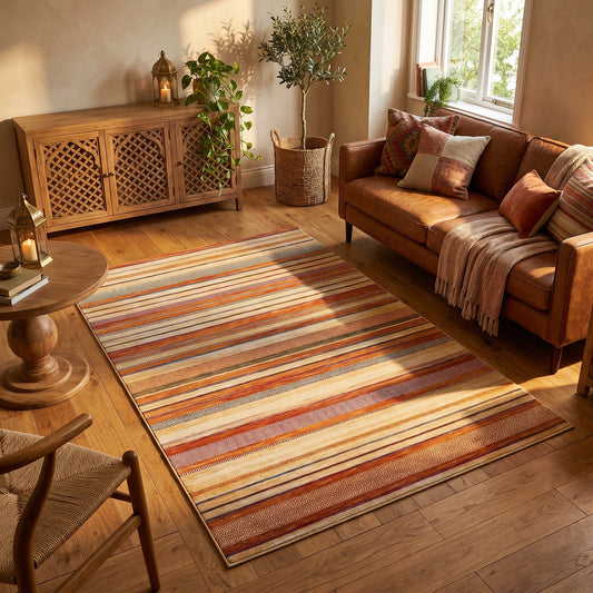 Alfombra de terciopelo con franjas finas en tonos pastel: rosa, arena, celeste y amarillo, en un living cálido con sofá de cuero coñac, aparador de madera tallada y luz de tarde