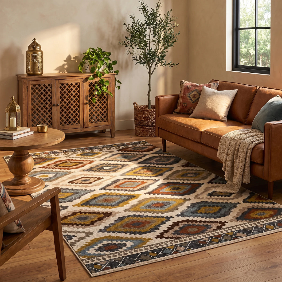 Alfombra de terciopelo con rombos ikat en verde oliva, azul y gris sobre fondo crema, en un living cálido con sofá de cuero coñac, aparador de madera tallada y luz de tarde