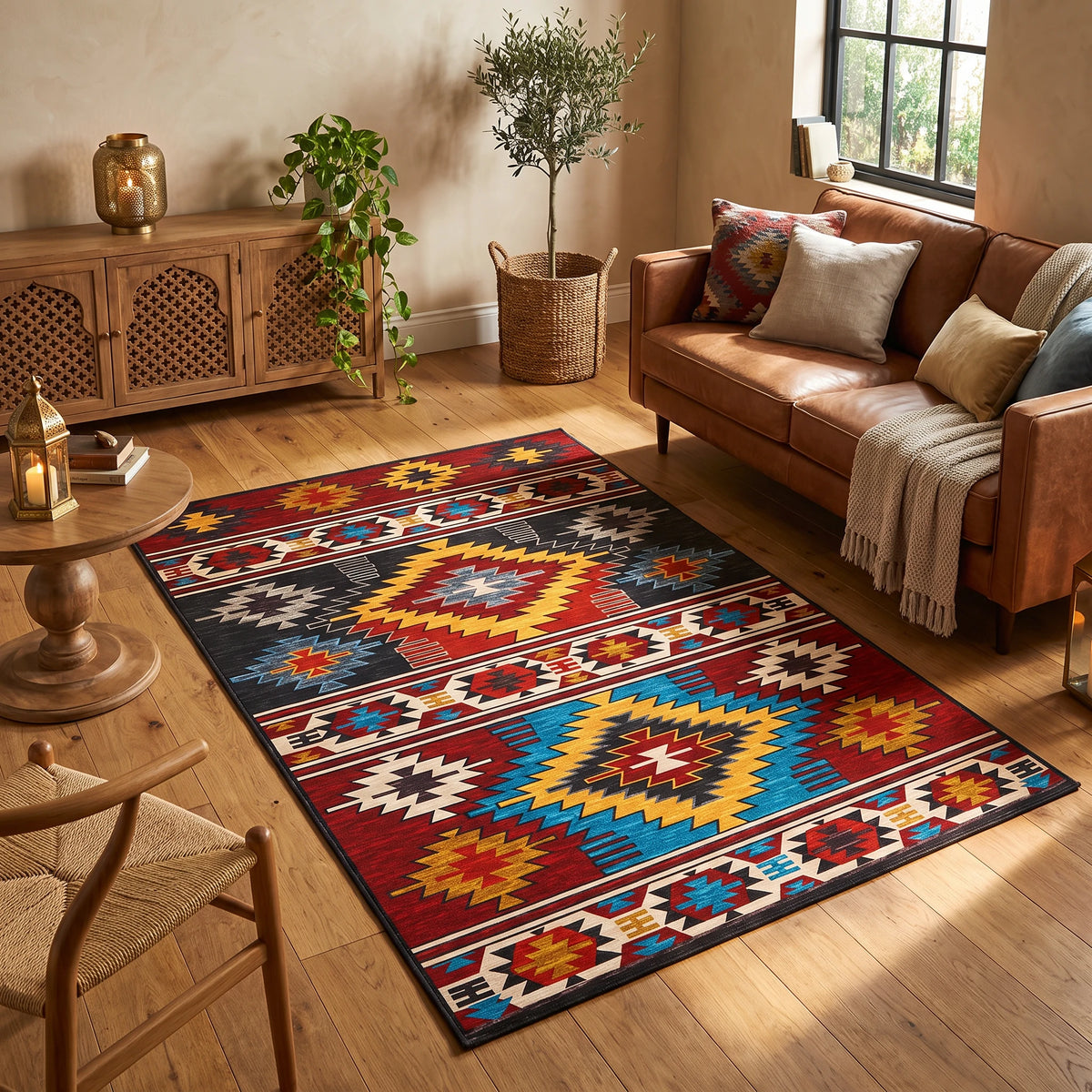 Alfombra de terciopelo con rombos de inspiración azteca en rojo, negro, mostaza y azul, en un living cálido con sofá de cuero coñac, aparador de madera tallada y luz de tarde