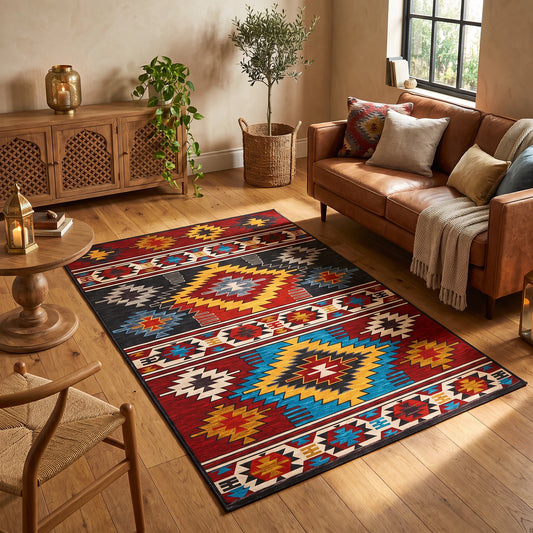 Alfombra de terciopelo con rombos de inspiración azteca en rojo, negro, mostaza y azul, en un living cálido con sofá de cuero coñac, aparador de madera tallada y luz de tarde