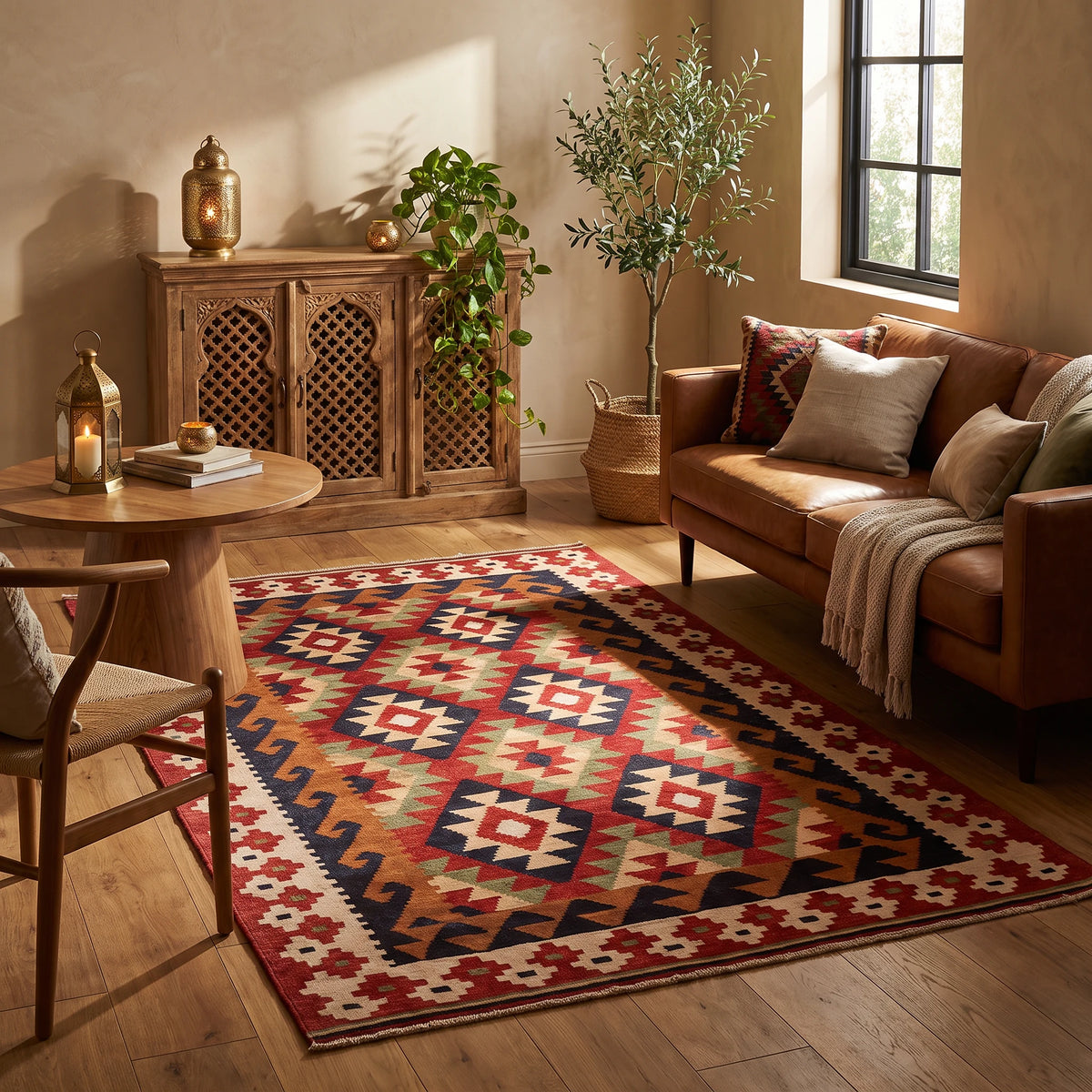 Alfombra de terciopelo con rombos kilim en rojo, negro, oliva y crema con borde escalonado, en un living cálido con sofá de cuero coñac, aparador de madera tallada y luz de tarde