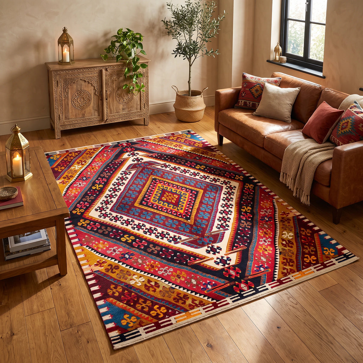 Alfombra de terciopelo con gran rombo kilim central en rojo, naranja, azul marino y crema, en un living cálido con sofá de cuero coñac, aparador de madera tallada y luz de tarde