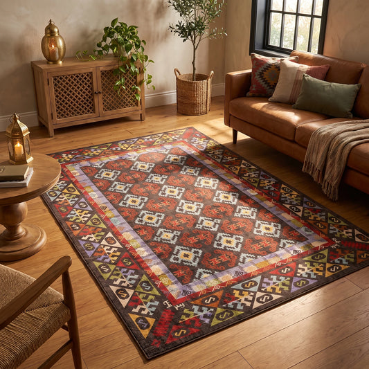 Alfombra de terciopelo con mosaico de medallones kilim en rojo, azul marino y dorado con borde multicolor, en un living cálido con sofá de cuero coñac, aparador de madera tallada y luz de tarde
